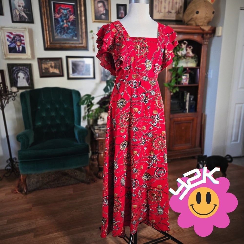 Vintage Y2K Yessica Red Wheel Chain Print Maxi Dress Flutter Sleeve Square Neck